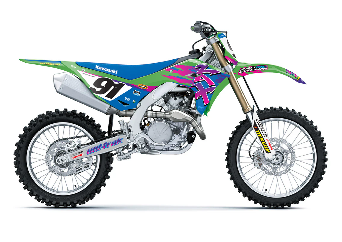 Retro Kawasaki Graphics Kit - Blue - Green - Pink - Sketch Moto Design
